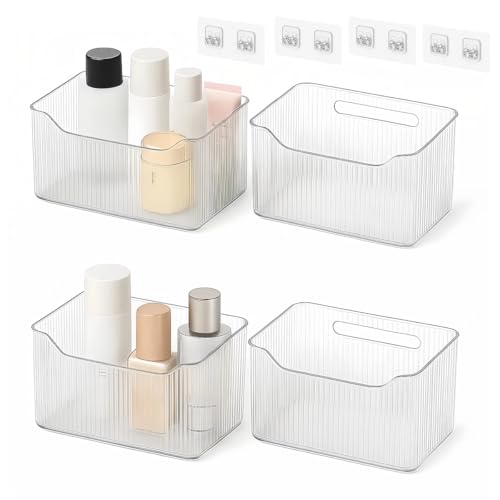Acrylic Wall Mount Organizer, 4 Pack Clear Modular Storage System for Bathroom, Fridge, Pantry and Vanity — Transparent Half-Frosted Aesthetic Baskets for Visible Home Organization