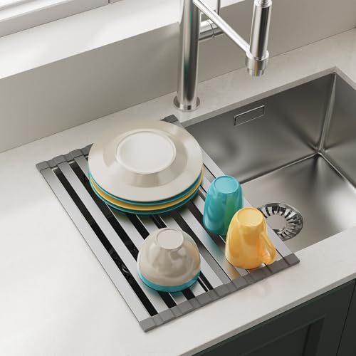 Aluminum Roll Up Dish Drying Rack, 17.7x13.4 Inches, Matte Gray