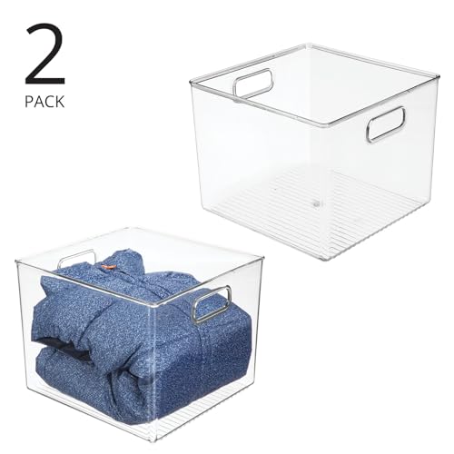 Small Modern Plastic Storage Organizer Bin Basket with Handles for Home Closet Organization - Shelf, Cubby, Cabinet, and Cupboard Organizing Decor - Ligne Collection - 2 Pack - Clear - view 2
