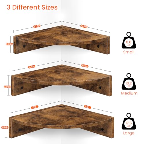 Corner Shelf Wall Mount, Set of 3 Floating Corner Shelves with Cord Hole, 3 Tier Wood Wall Display Shelf, Storage for Bathroom Living Room Kitchen Bedroom, Rustic Brown and Black - view 3