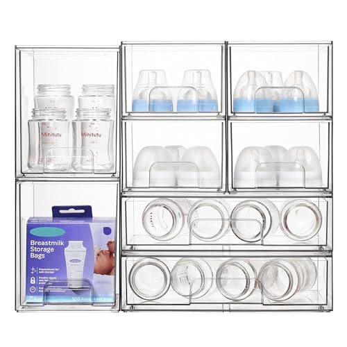 Clear Stackable Storage Drawers Set of 8, Plastic Organizer Bins