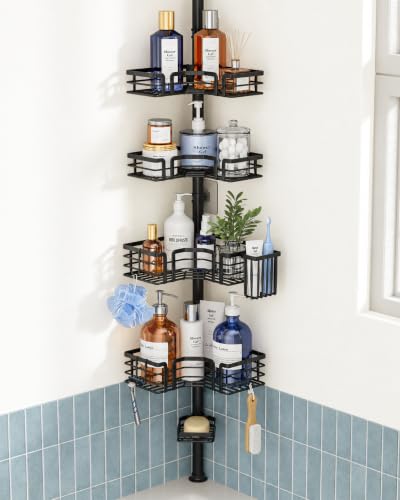 Shower Caddy Tension Pole - 4-Tier Corner Shower Organizer Tension Rod with Soap Holder, Toothbrush Holder & 4 Hooks, Adjustable Stainless Steel Bathroom Organizer 27.6 to 108.3 inch, Black