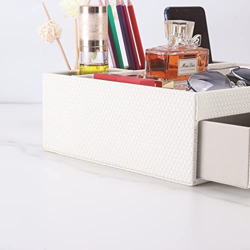 Leather Desk Organizer With Drawers, Home Cosmetics & Phone Remote Organizer, Drawer Plus Divider & Tray (white) - view 4