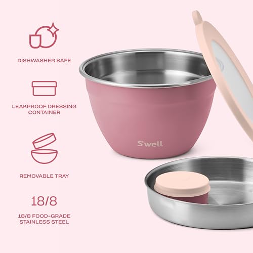 Stainless Steel Salad Bowl Kit 64oz, Dusty Pink, Comes with 2oz Mini Canister and Removable Tray for Organization, Leakproof, Easy to Clean, Dishwasher Safe - view 2