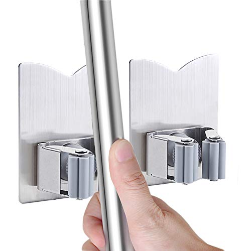 Stainless Steel Mop Broom Holder Organizer, Self Adhesive Wall Mounted Mop Organizer Storage Rack Clip for Kitchen Bathroom and Garage (Model 2 (2 Pakck))