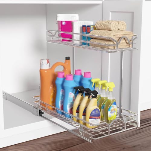 Under Sink Cabinet Organizer Two Tier Pull Out Shelf (11.75W x 17D), Under Sink Sliding Shelf for Kitchen Bathroom Cabinet 2 Tier Chrome - view 6