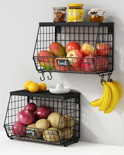 Black Kitchen Wall Hanging Storage Basket Set of 2, Rustic Stackable Kitchen Counter Fruit Organizer, Wire Baskets Container for Veggie, Garlic, Produce, Onion and Potato (Black Shelf)