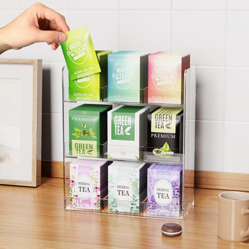 Acrylic Tea Bag Organizer, 3 Layers Tea Bag Holder for Tea Packets, No Assembly Required, Wall Mount Display Tea Caddy for Countertop or Cabinet, 9 Slots, Clear - view 3