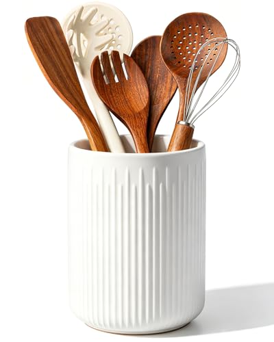 6.5" Utensil Holder, Ceramic Kitchen Utensil Holder for Countertop with Protection Cork Bottom, Stable Cooking Utensil Crock, Vintage Farmhouse kitchen Decor, White