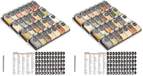Spice Drawer Organizer with 28 Spice Jars, 386 Spice Labels, 4 Tier Seasoning Rack Tray Insert for Kitchen Drawers, 13" Wide x 17.5" Deep (Pack of 2)