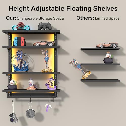 Foldable Gaming Floating Shelves with Adjustable Shelf, 24 Inch Wall Mounted Shelves with Dynamic LED, 4 Tier Wall Mounted Shelves with Towel Bar & 8 Hooks, Cool Wall Display Rack - view 6