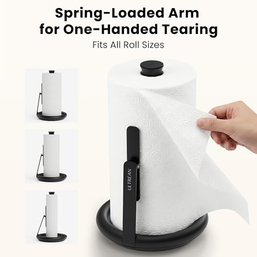 Paper Towel Holder with Spray Bottle, Countertop Freestanding Paper Towel Dispenser with Spring-Loaded Tension Arm for One-Handed Tear, Weighted Base, Stainless Steel for Kitchen, Black - view 5