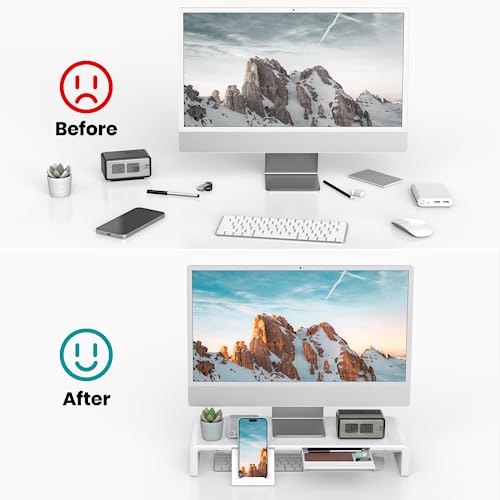 Monitor Stand Riser, Klearlook Foldable, Height Adjustable Computer Stand, Desk Shelf Riser with Storage Drawer &Tablet Phone Stand for Desktop, Laptop (White) - view 4