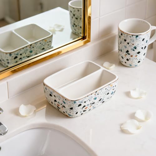 2 Compartment Ceramic Sponge Holder for Kitchen Sink, Dishwasher Safe Terrazzo Marble Pattern Sink Caddy Organizer for Sponge and Soap, Farmhouse Kitchen Countertop Decor, Light Blue - view 6