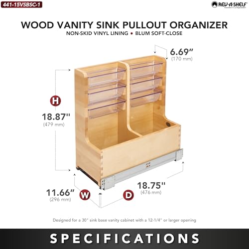 30" Wood Vanity Sink Pullout Organizer Cabinet Storage with Soft-Close for Kitchen or Bathroom, Min Opening Width of 12", Maple Wood, 441-15VSBSC-1 - view 3