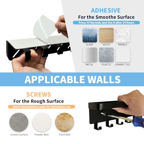 Key Holder for Wall Key Hooks with Tray and 6 Hooks, Wall Mounted Key Holder for Hallway, Key Rack with Shelf for Mail Storage (Black) - view 4