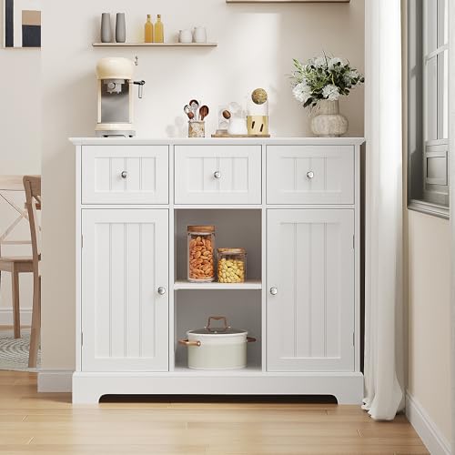 35.4" Coffee Bar Cabinet with 3 Drawers and 2 Doors, White