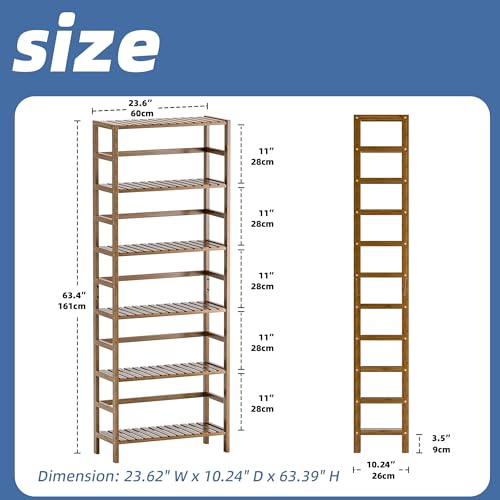Bookcase, Bamboo Bookshelf, 6-Tier Adjustable Tall Open Book Shelf, Free Standing Storage Shelves Organizer, Flower Plant Display Stand, Walnut - view 3