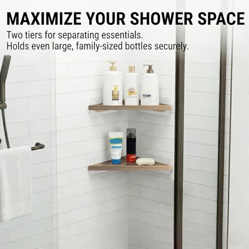 Corner Shower Shelf, 8 Inch Champagne gold 2-PACK Bathroom Corner Organizer, Adhesive Wall Mounted Shower Caddy, Waterproof Rustproof Metal Storage Rack for Shampoo Soap - view 6