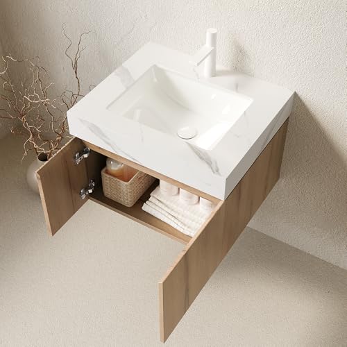24" Floating Bathroom Vanity with Sink, Plywood Frame, Light Oak - view 4