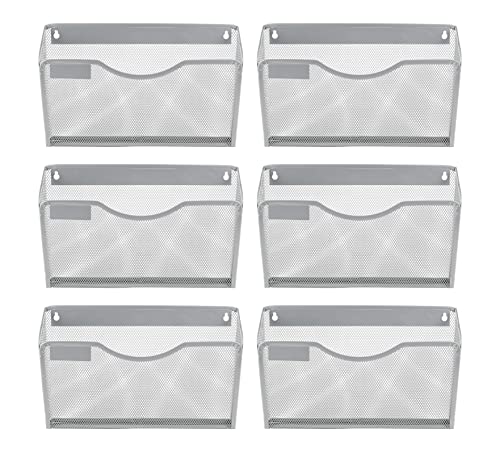 6 Pack Wall File Organizer with Label Panel, Metal Mesh Hanging File Folder Holder for Letter/A4 Size Folders, Vertical Wall Mount Mail Sorter for Office Paperwork, Classroom, Silver