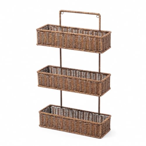 Three-Tier Wall-Mounted Storage Basket Compact PP Hanging Basket with Three Compartments Sturdy Woven-Texture Wall Organizer with Open Baskets, Dark Brown - view 4