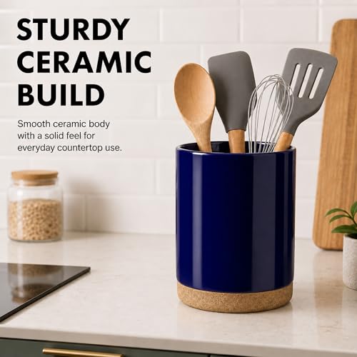 Ceramic Kitchen Utensil Holder for Countertop, Modern Crock with Non-Slip Cork Base, Counter Organizer for Cooking Tools, Blue - view 3