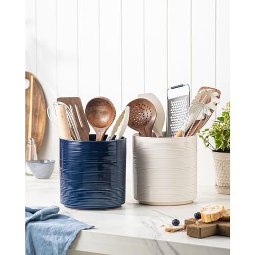 Large Utensil Holder for Kitchen Counter, 7.3” Ceramic Cooking Utensil Crocks for Spatula & Spoon, Farmhouse Kitchen Utensil Holder with Cork, Home Decor, Dark Blue - view 6