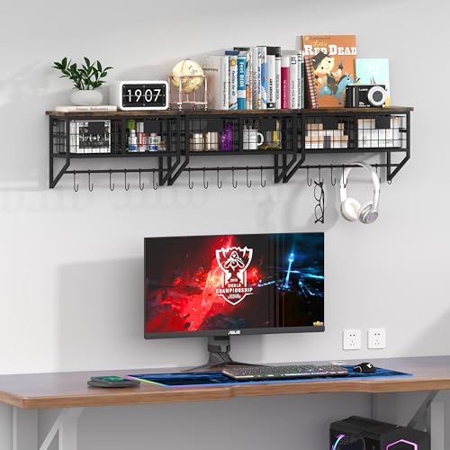 Industrial Wall Mounted Metal Wood Floating Shelves with Baskets Hooks Hanging Display Shelf Sundries Holder for Coffee Bar Kitchen Bathroom Organization and Home Decor, Black (16inch, 1 Set) - view 7