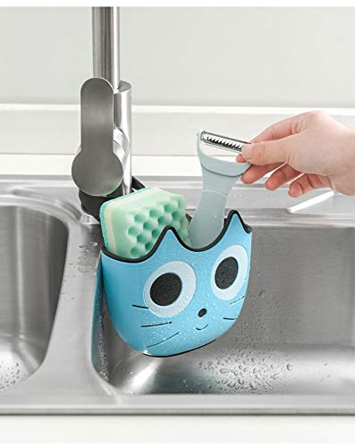 2 PACK Cat Sponge Holder Basket with Buckle,Sink Faucet Caddy Hanging Drain Rack, Gadget Soap Brush Desk Pen Organizer for Kitchen Bathroom,Green Blue - view 5