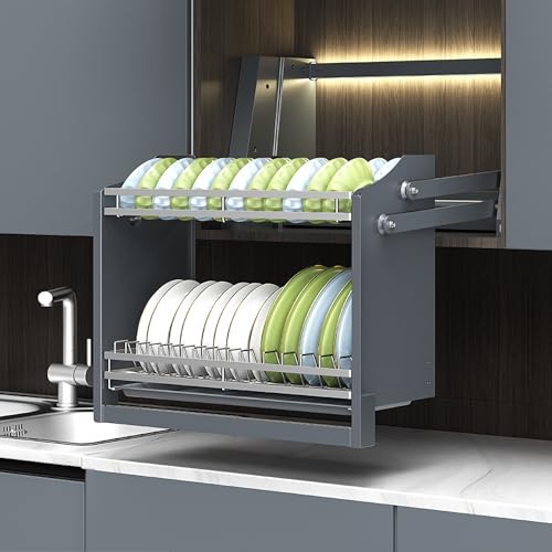 Smart Dish Rack- Pull Down Shelf Electric Lifting System, Pull Down Cabinet Organizer for Upper Cabinet, Touch Switch Kitchen Rack with Removable Drainboard,20.67" H x 22.2" W, Grey - view 6