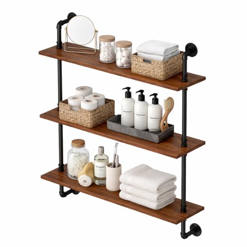 3-Tier Industrial Pipe Floating Shelf – Rustic 24 inch Wood Wall-Mounted Storage Shelf for Kitchen Office,Bathroom & Home Decor -Walnut