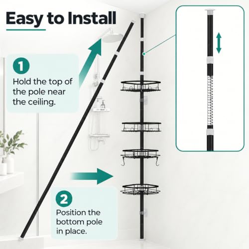 Shower Corner Caddy Organizer, Rustproof 4-Tier Tension Pole Shelf, Black - view 6