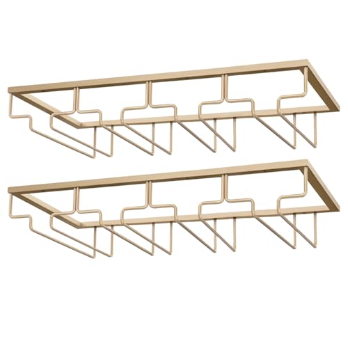 Wine Glass Rack - Under Cabinet Stemware Wine Glass Holder - Wine Glasses Storage Hanger Metal Organizer for Cabinet Kitchen Bar (Champagne Gold, 4 Rows 2 Pack)