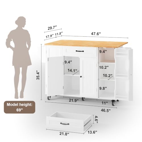 47.6" Kitchen Island with Storage, Drop Leaf, Knife Holder, White - view 2