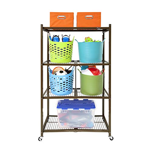 4-Tier Folding Shelf, Storage Organizer Shelves w/Wheels for Home & Office, Brown - view 6