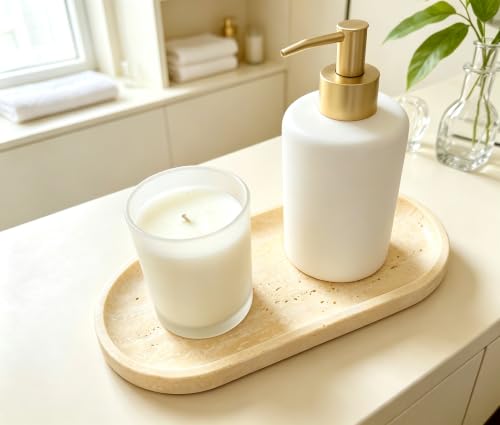 Beige Travertine Vanity Tray | Natural Stone Bathroom Organizer | Perfume & Jewelry Storage for Spa, Bedroom, Kitchen | Non-Slip Waterproof Design,9.8"x4.7"x0.6" - view 2