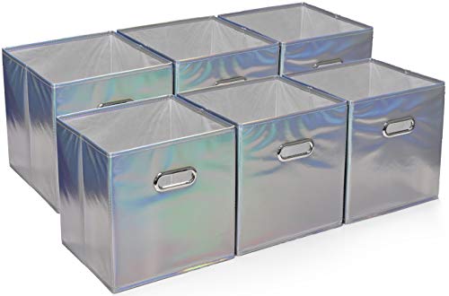 6-Pack Foldable Cube Storage Bins – Decorative Collapsible Organizer for Shelves, Closets, Underbed, Clothes, or Kids’ Toys (Shiny Silver)