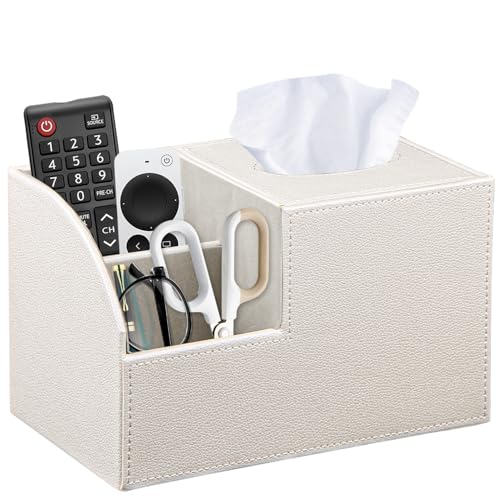 Square Tissue Box Cover with Storage, PU Leather Facial Cube Tissue Holder.TV Remote Control Holder, Desk Accessories Nightstand Organizer, Modern Table Caddy for Bathroom, Bedroom, Home, Office Decor