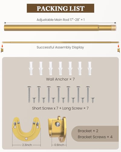 Heavy Duty Closet Rod, 17-28 IN Closet Rods for Hanging Clothes, Gold - view 7