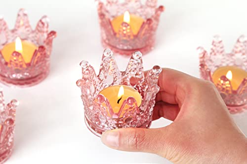 Votive Candle Holders Set of 6 Crown Glass Tealight Candle Holder for Wedding, Party and Home Decor (Pink)