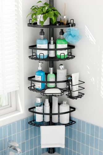 Corner Tension Pole Shower Caddy, 4 Tier Rustproof Shower Tension Rod Organizer with Soap Holder & Hooks, Adjustable 33-125 Inch Bathroom Shelf for Renters - Family Stand Storage Rack, Black