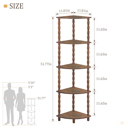 Corner Shelf, 5-Tier Corner Bookshelf for Small Spaces, Stylish Corner Storage Display Shelves for Bedroom, Bathroom, Kitchen, Living Room (Rustic Brown) - view 3