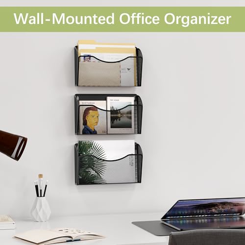 Wall File Organizer 3 Pack, Hanging File Organizer Wall Mount, Metal Mesh Folder Holder for Letter/A4 Papers, Mail Sorter for Office, Classroom, Home, Black - view 3