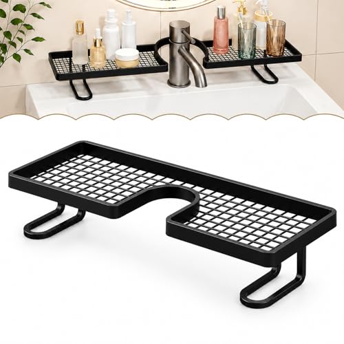 Behind the Faucet Sink Organizer, No-Drill over the bathroom sink shelf Tool-Free Compact Countertop Faucet Organizer Storage Rack Stand Hollowed-Out Bottom Easy Drainage For Kitchen Bathroom (Black)
