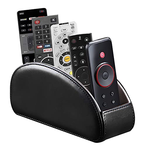PU Leather Remote Control Holder with 5 Compartments - Storage Tray & Desktop Organizer for TV Remotes,Glasses,Pens,Accessories - Space-Saving Design for Bedside Table & Office Desk (Black)