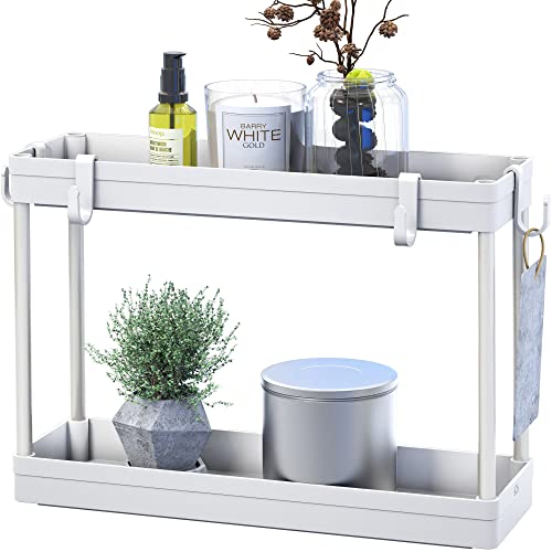 2-Tier Under Sink Organizer Storage Tray with Hooks, White - view 6