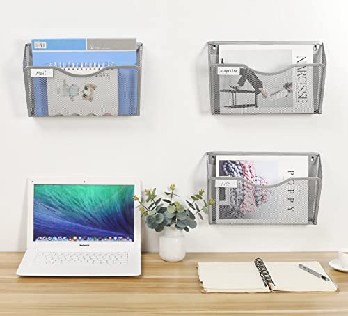 6 Pack Wall File Organizer with Label Panel, Metal Mesh Hanging File Folder Holder for Letter/A4 Size Folders, Vertical Wall Mount Mail Sorter for Office Paperwork, Classroom, Silver - view 5