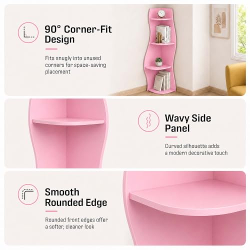 5-Tier Wavy Corner Shelf with Curvy Shape for Small Space, Pink - view 4