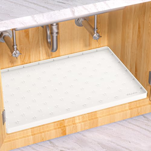 Under Sink Mat 22"×14" Waterproof Silicone Cabinet Liner & Sink Protector for Kitchen & Bathroom, Multi-Purpose Organizers Tray for Pets, Laundry, Cat Litter Mat, White